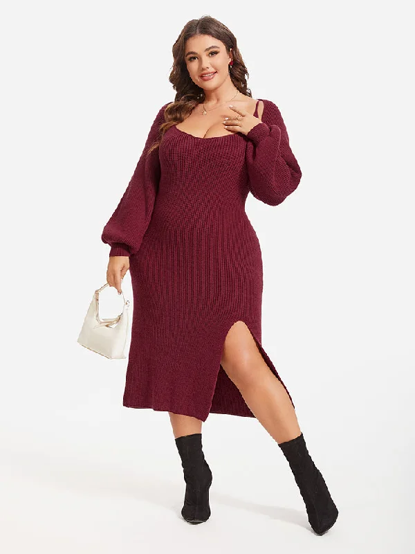 Plus size dresses featuring beaded hems are ornate -Solid Cami Split Sweater Dress & Super Crop Cardigan Set