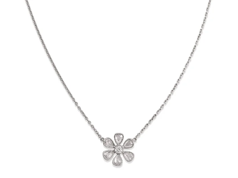 Necklaces and pendants with celestial starburst designs for a radiant look-Rose Cut Diamond Flower Necklace in Platinum