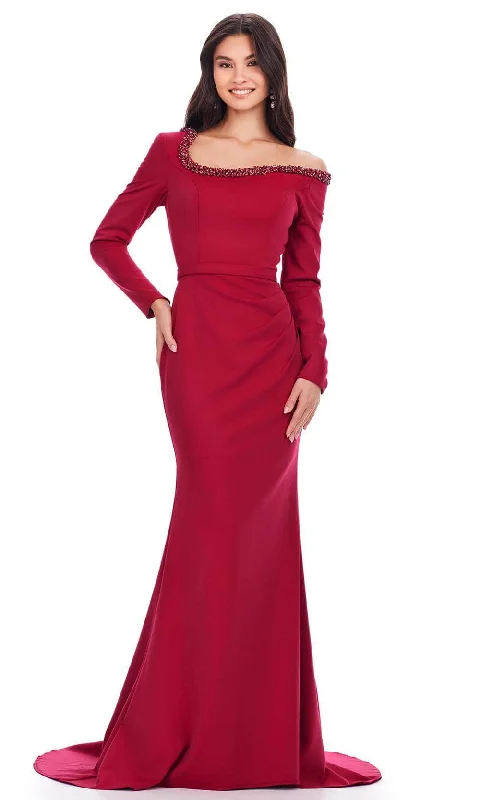 Plus size dresses with A-line cuts flatter curves -Ashley Lauren 11450 - Beaded Trim Asymmetric Evening Gown