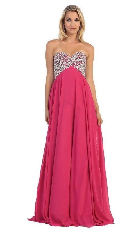 Plus size dresses featuring vibrant colors lift moods -May Queen Strapless Metallic Ornate Lace Up A-Line Evening Gown MQ-1105