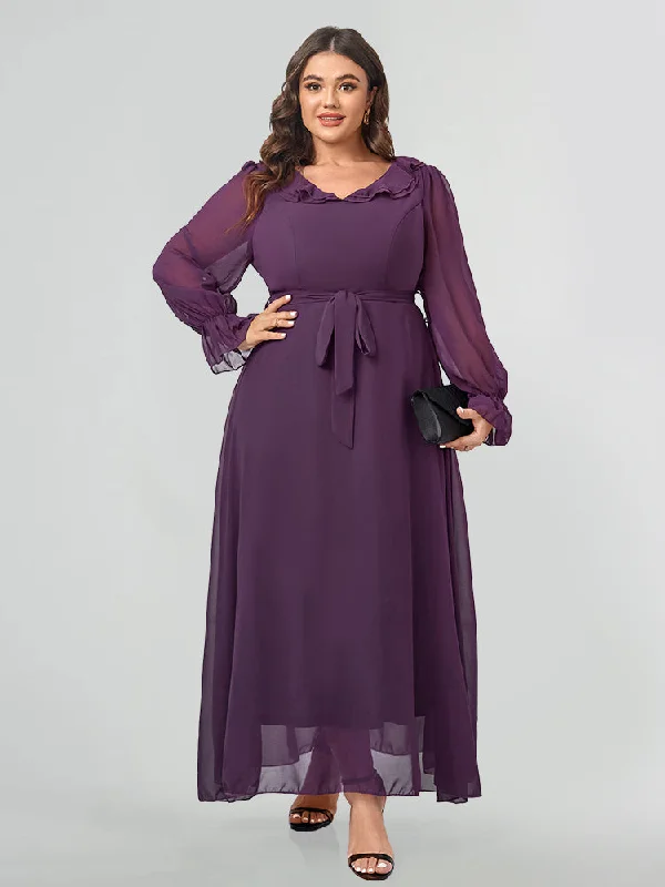 Plus size dresses with floral appliques feel sweet -Ruffle Trim Flounce Sleeve Belted Bridesmaid Dress