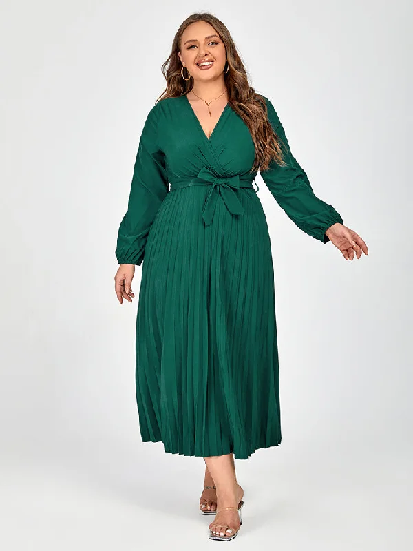 Plus size dresses with stretchy knits hug curves -Plus V-Neck Belted Lantern Sleeve Maxi Dress