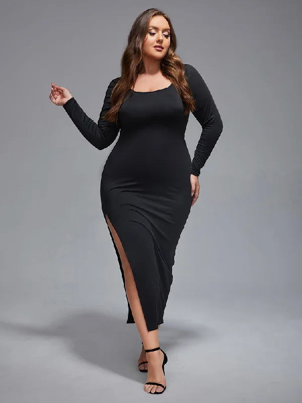 Plus size dresses for elegant dinners glow softly -Plus Side Split Round Neck Bodycon Maxi Dress