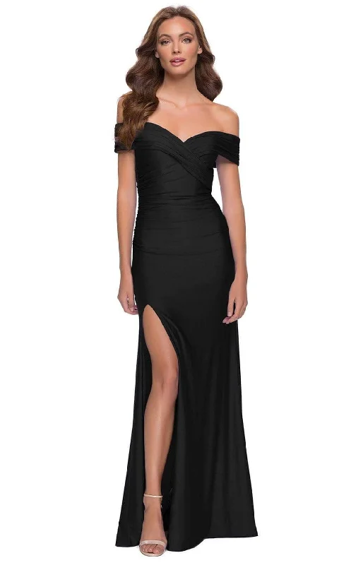 Plus size dresses featuring satin finishes feel smooth -La Femme - 29781 Off Shoulder Long Sheath Modest Prom Dress