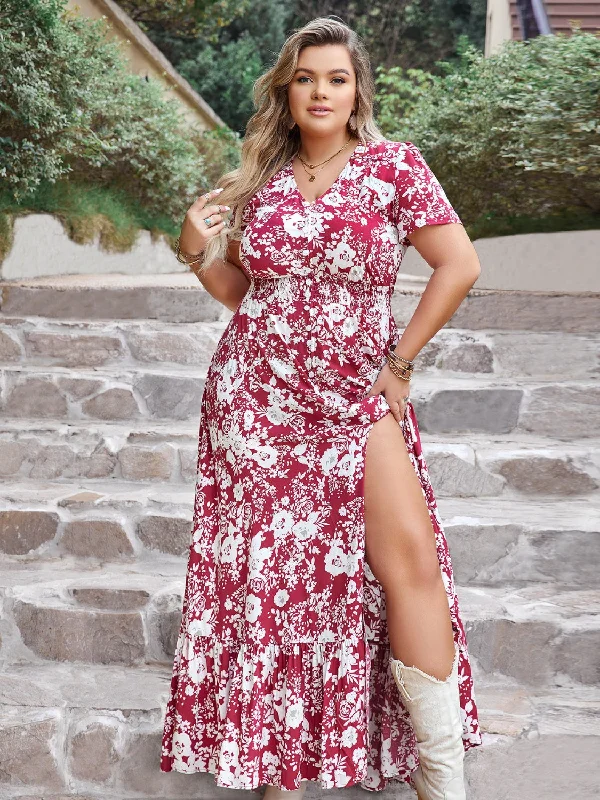 Stylish plus size dresses with stretch fabric flatter all -Plus Size Slit Printed V-Neck Maxi Dress