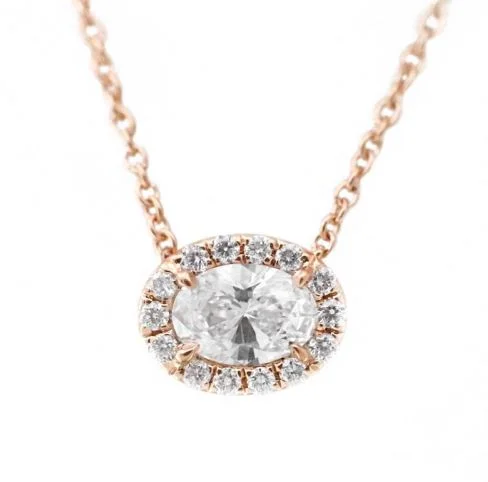 Trendy necklaces and pendants with statement pieces for a bold fashion statement-18K Rose Oval Diamond Halo pendant