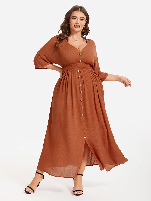 Flattering plus size dresses for curvy figures look stunning -V-Neck Button Front Elastic Waist Split Maxi Dress