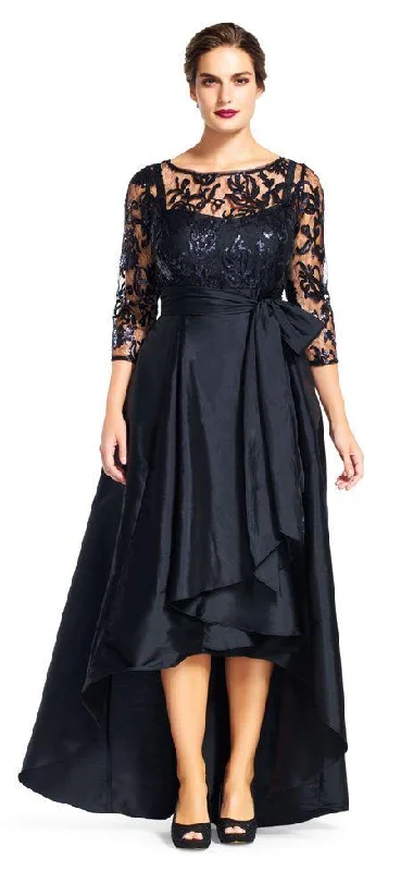 Plus size dresses for festive events shine loud -Adrianna Papell - 81916970 Quarter Sleeve Ribbon Ornate High Low Gown