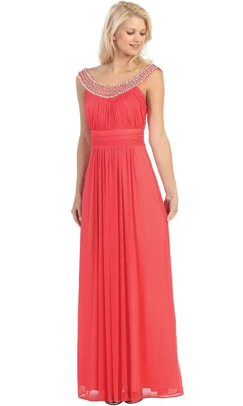 Plus size dresses with sleek silhouettes look sharp -Eureka Fashion - 2027 Pearl Embroidered Neckline Chiffon A-Line Gown