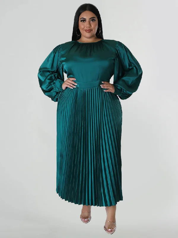 Plus size dresses featuring pleated skirts flow nicely -Solid Lantern Sleeve Pleated Satin Dress