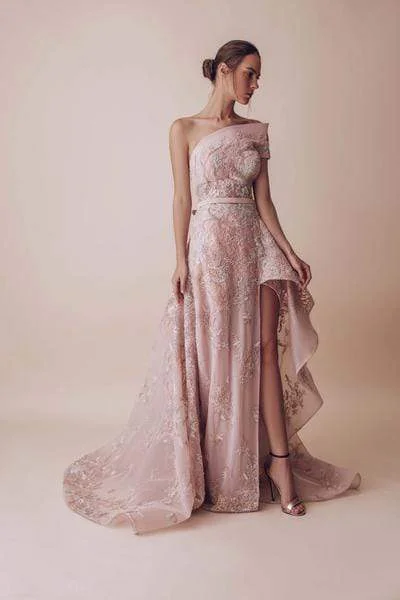 Plus size dresses for bridal parties glow elegantly -Gatti Nolli Couture - Floral Applique Asymmetric Dress OP-4953 - 1 pc Pink In Size 14 Available