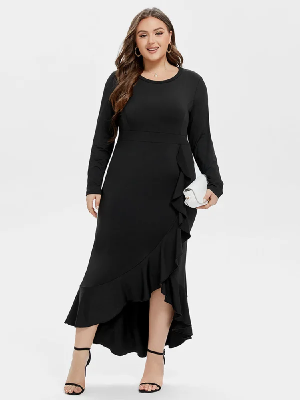 Plus size dresses featuring sequins sparkle subtly -Ruffle Trim Asymmetrical Hem Maxi Dress