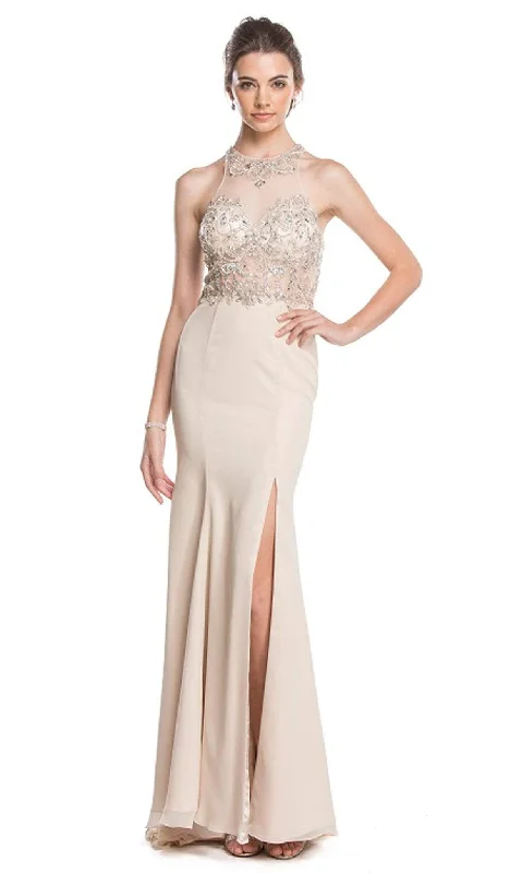 Plus size dresses with flowing skirts move freely -Aspeed Design - Crystal Embellished Evening Dress with Slit