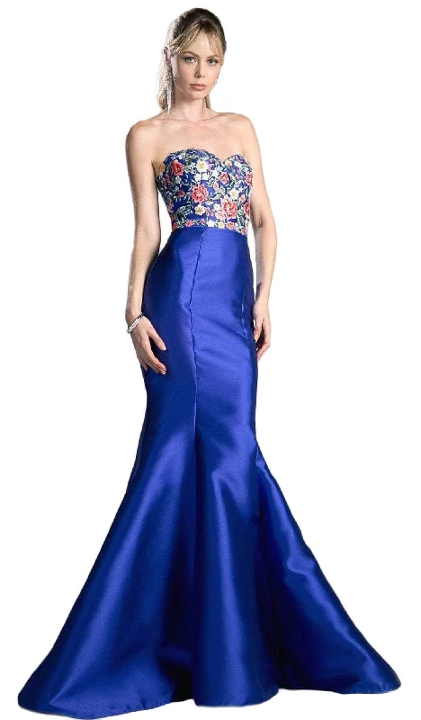 Plus size dresses with shiny threads reflect light -Ladivine HW06 - Floral Applique Strapless Mermaid Evening Gown