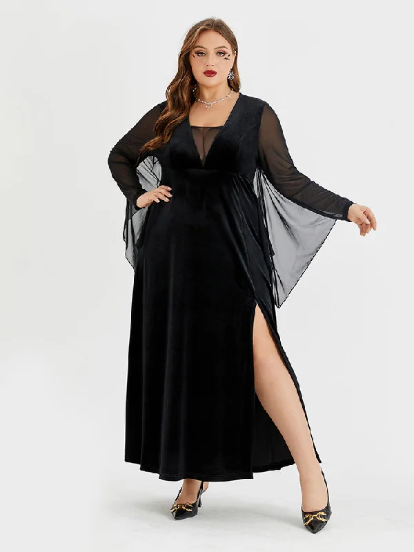 Plus size dresses for every mood adapt well -Halloween Contrast Mesh Batwing Sleeve Velvet Split Maxi Dress