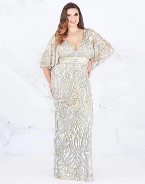 Trendy plus size dresses with bold prints stand out -Mac Duggal - Embellished Plunging V-neck Sheath Dress 4858F