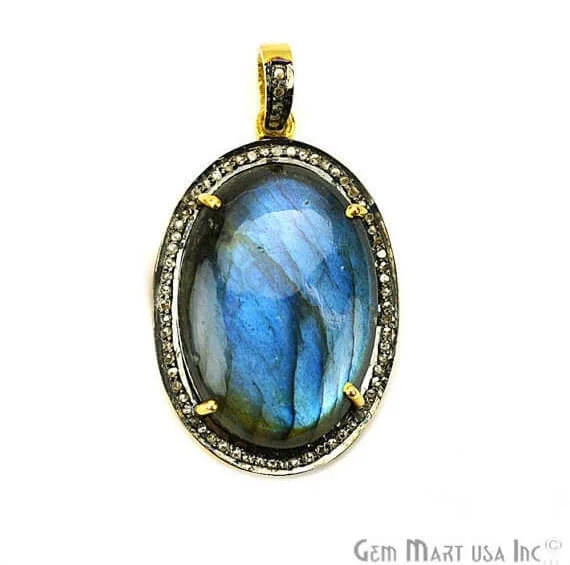 Labradorite Cabochon with Natural Pave Diamond Setting 22x32mm Gold Vermeil Gemstone Necklace Pendant