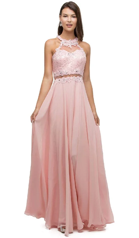 Plus size dresses featuring lace details feel romantic -Dancing Queen - 9548 Jeweled Illusion Halter Chiffon Prom Dress