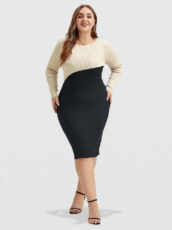 Plus size dresses with lightweight materials feel easy -Two Tone Round Neck Bodycon Midi Sweater Dress