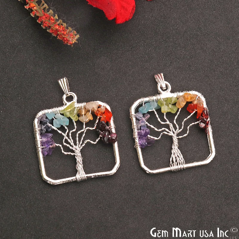 Stunning necklaces and pendants with amethyst gemstones for a calming effect-Multi Color Tree Of Life 39x35mm Silver Wire Wrapped Square Shape Pendant