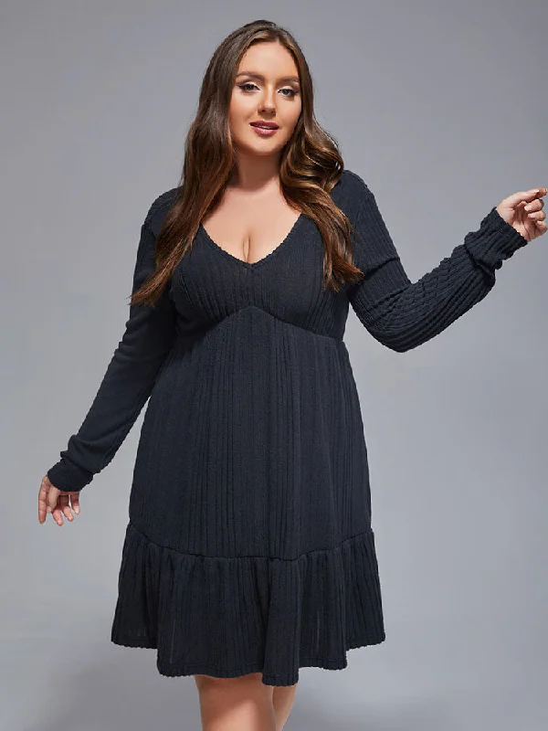 Plus size dresses for parties shine with confidence -Plus V-Neck Tie Back Ruffle Hem Dress