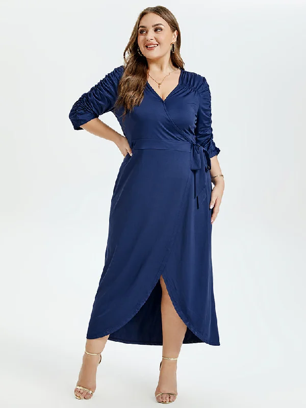 Plus size dresses with adjustable straps fit well -V-Neck Ruffle Tulip Hem Belted Party Maxi Dress