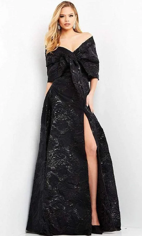 Plus size dresses with bold cuts make statements -Jovani - 05019 Off Shoulder Jacquard High Slit Gown