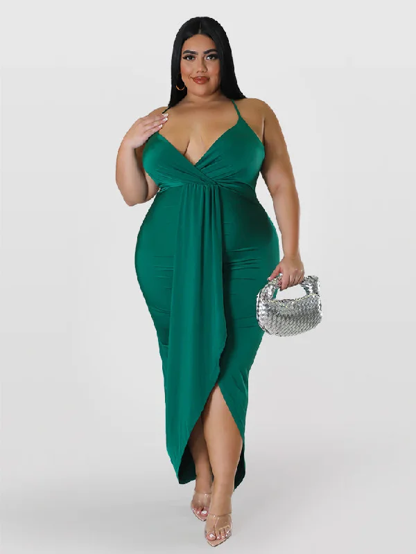 Plus size dresses with vibrant shades feel fun -V-Neck Ruched Adjustable Ditsy Bodycon Sundress