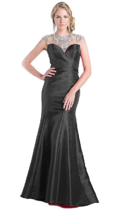 Plus size dresses featuring velvet textures feel plush -Cinderella Divine - Jewel Illusion Neckline Trumpet Dress CJ221 - 1 pc Black In Size 16 Available