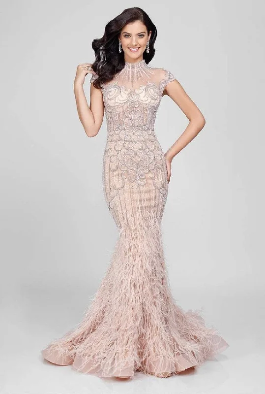 Plus size dresses for stylish looks stay cool -Terani Couture - 1721GL4446 Feathered High Neck Mermaid Dress