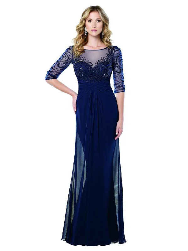 Plus size dresses featuring sequined tops glitter bright -Mon Cheri Ruched Beaded Gown 215919W 1 pc Navy Blue In Size 20W Available