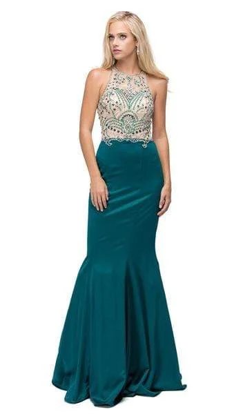 Plus size dresses for long days support fully -Dancing Queen - Teardrop Back Cutout Beaded Ornate Prom Dress 9706 - 1 pc Hunter Green In Size XL Available