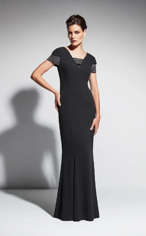 Plus size dresses for wet weather stay dry -Alexander by Daymor Short Sleeve Jewel-Paneled V-Neck Long Dress 459 - 1 pc Black In Size 14 Available