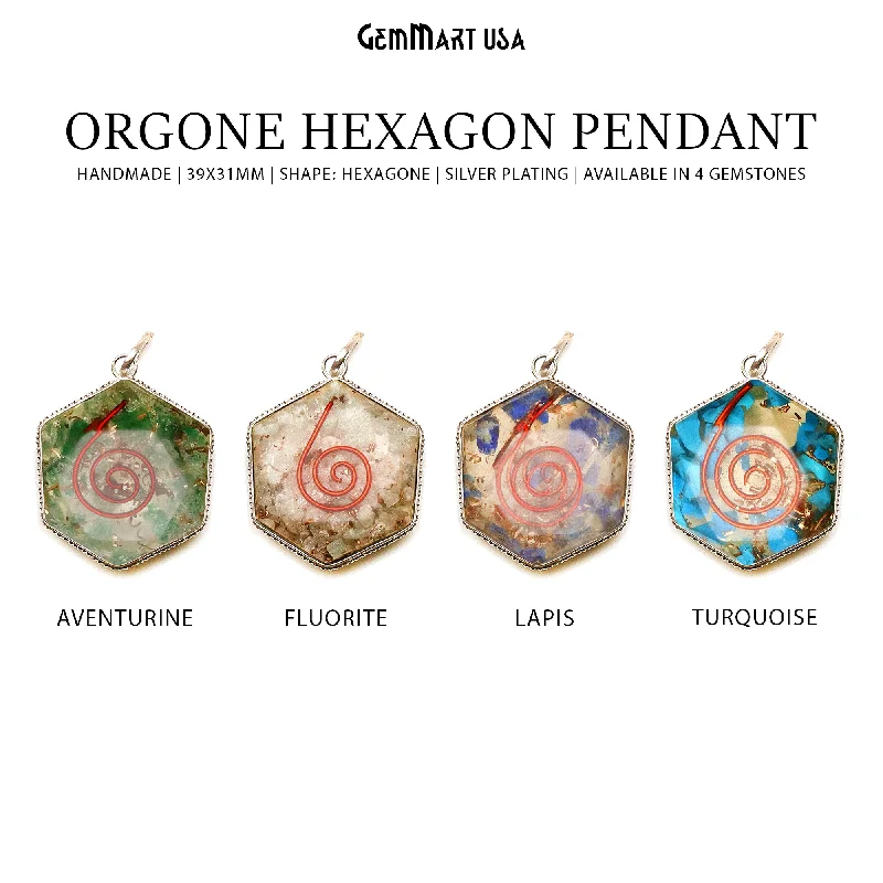 Elegant necklaces and pendants with infinity symbols for timeless designs-Orgone Hexagon 39x31mm Silver Plated Single Bail Gemstone Pendant (Pick Stone)