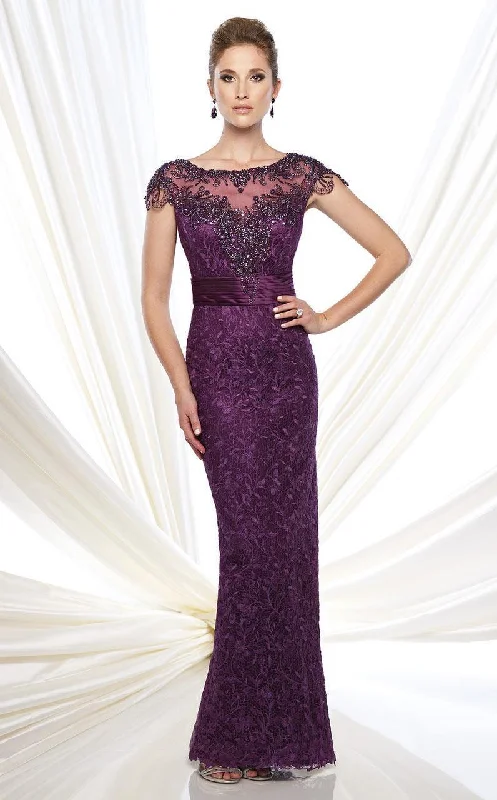 Plus size dresses with empire waists cinch nicely -Mon Cheri Embellished Illusion Cap Sleeve Gown