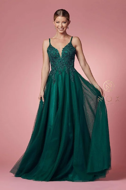 Plus size dresses for outdoor events stay comfy -Nox Anabel - R357 Plunging Embroidered Lace Bodice Gown