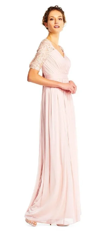 Plus size dresses with classic designs never fade -Adrianna Papell - Half Sleeve Pin-Tucked Bodice Long Gown AP1E201417 - 1 pc Blush In Size 12 Available