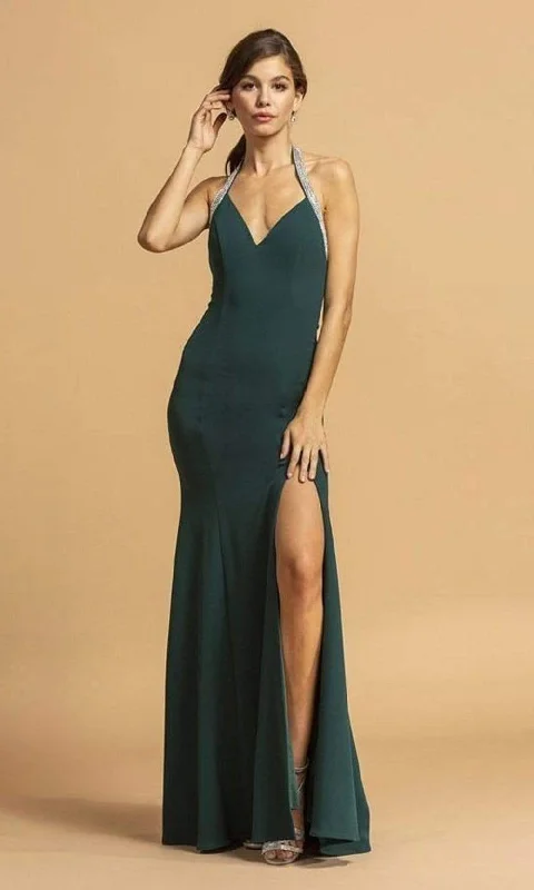 Plus size dresses featuring satin finishes feel smooth -Aspeed Design - D289 Bejeweled Halter High Slit Dress