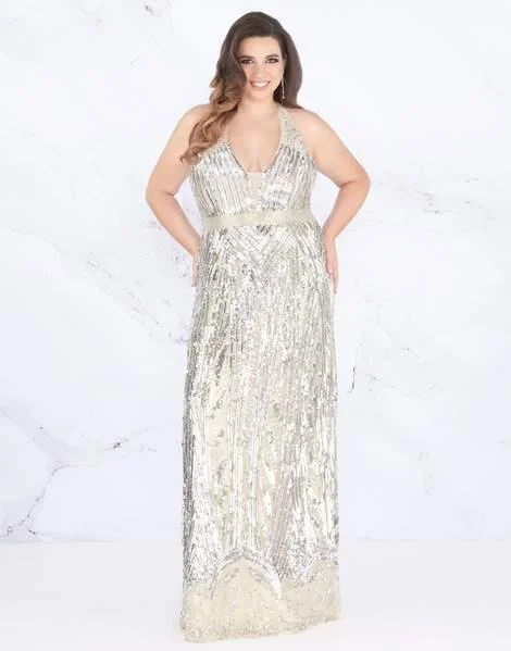 Plus size dresses featuring beadwork dazzle quietly -Mac Duggal Fabulouss - Embellished Deep Halter V-neck Dress 4846F - 1 pc Silver/Nude In Size 16W Available