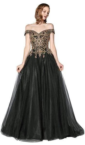 Plus size dresses featuring animal prints feel wild -Cinderella Divine - Beaded Off-Shoulder A-Line Gown KV1032 - 1 pc Black In Size 14 Available