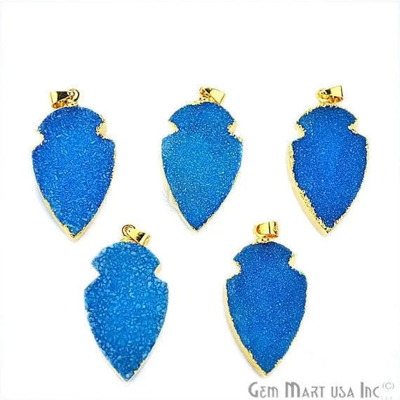 Best necklaces and pendants with emerald gemstones for a rich, sophisticated design-Light Blue Druzy Arrow Heads Pendant, 29x15mm Electroplated Gold Edged Arrow Heads Pendant (AHDZ-50016)