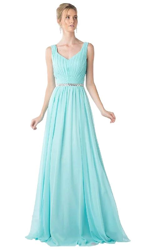 Plus size dresses featuring mesh overlays feel chic -Cinderella Divine - Sleeveless Pleated V-Neck Bodice A-Line Gown