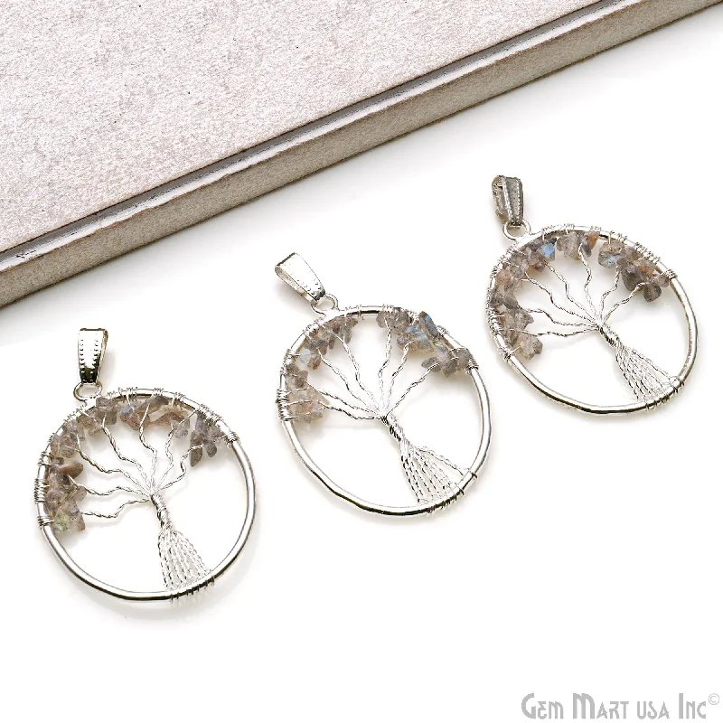 Best necklaces and pendants with floral designs for a feminine and elegant feel-Tree of Life Labradorite Oval Silver Wire Wrapped 46x35mm Chakra Pendant