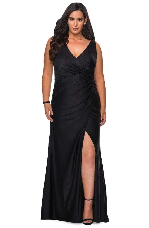 Plus size dresses for trendy vibes stay current -La Femme - 29024 Ruched V-neck Jersey Fitted Dress