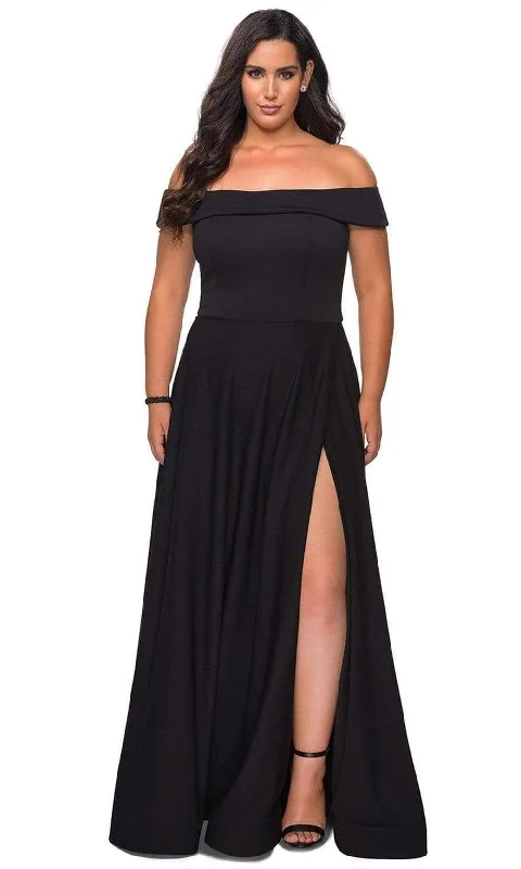 Plus size dresses featuring floral patterns feel fresh -La Femme - 29007 Off-Shoulder High Slit Modest Prom A-Line Gown