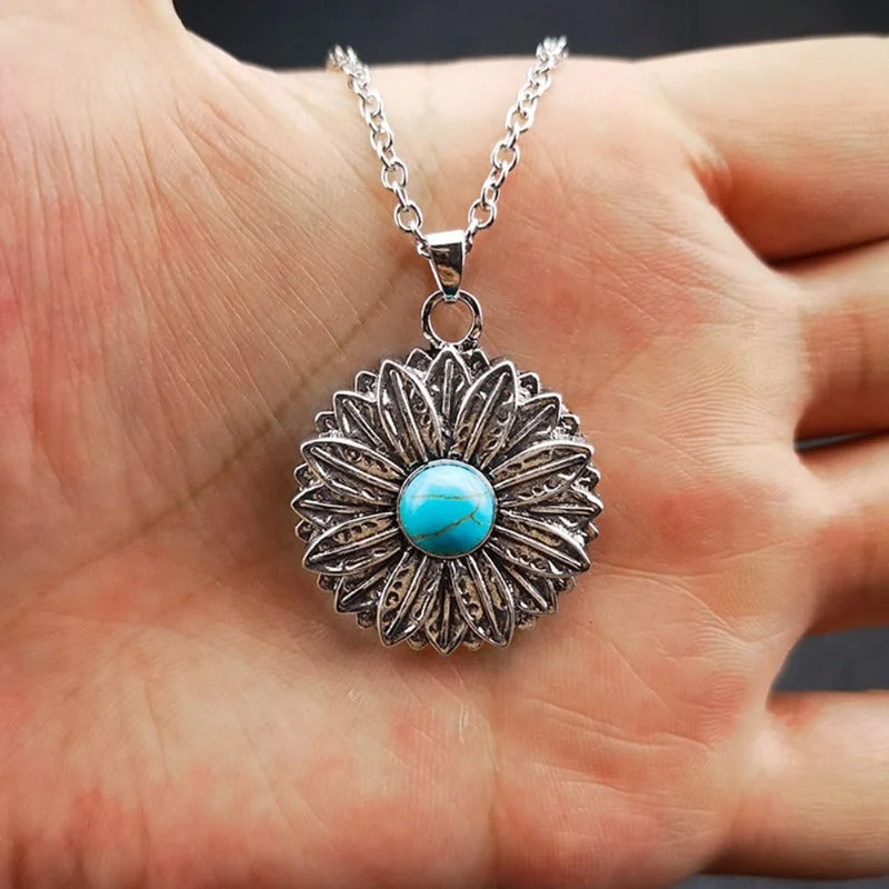 Best necklaces and pendants with heart-shaped designs for a romantic look-Wholesale Vintage Boho Blue Turquoise Sunflower Necklace