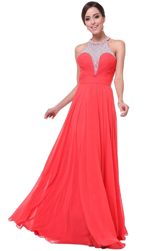 Plus size dresses with midi lengths balance well -Cinderella Divine - Bead Embellished High Halter Evening Dress