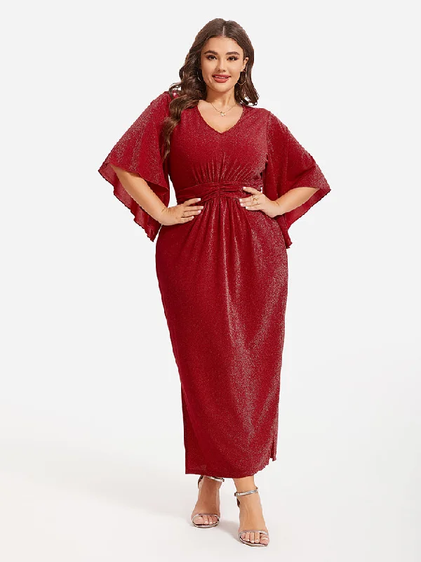 Plus size dresses with flexible fits adapt easily -Flare Sleeve Ruched Waist Glitter Maxi Dress