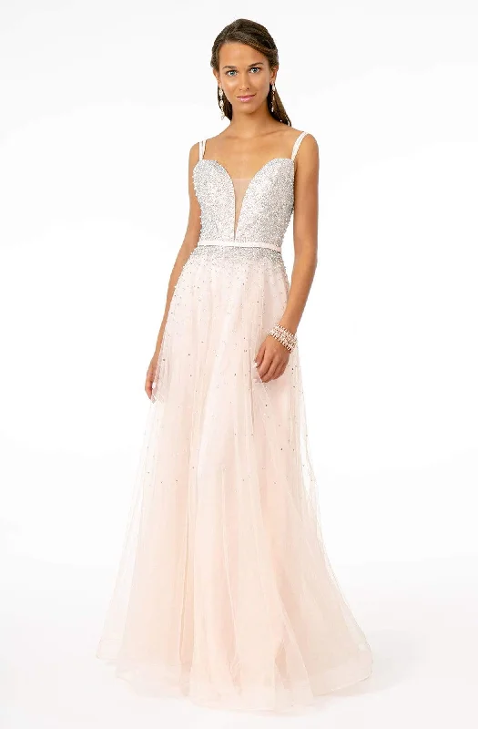 Plus size dresses with V-necks elongate figures -Elizabeth K - GL2892 Plunging Jewel-Studded A-Line Gown