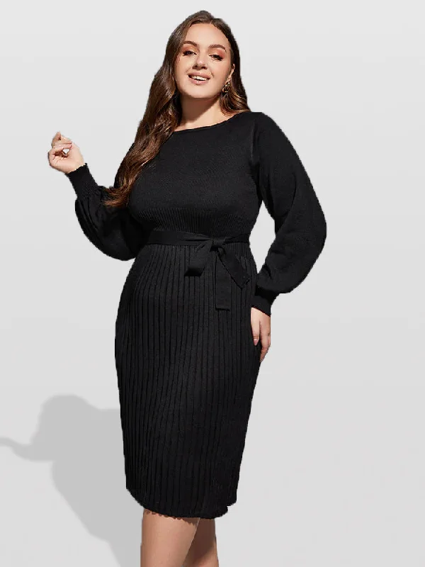 Plus size dresses featuring gemstone details shine subtle -Plus Black Solid Tie Lantern Sleeves Midi Knit Dress